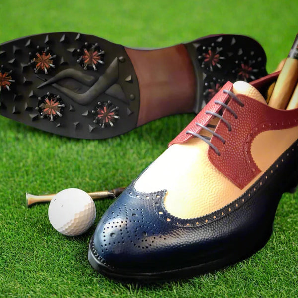Navy and tan pebble Italian leather Joseph Longwing Blucher golf shoes