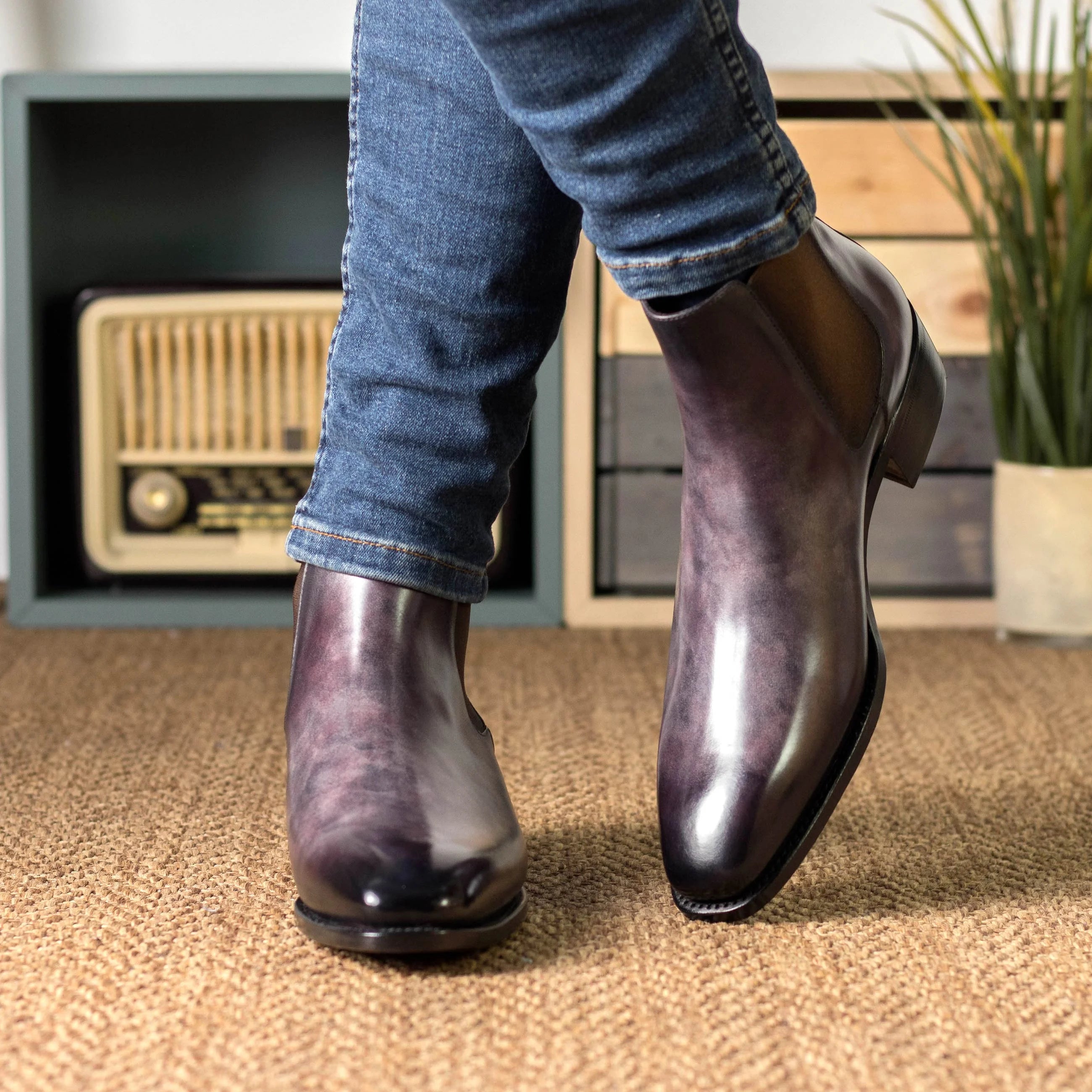 Winzlo Patina Chelsea aubergine patina boots with Goodyear welt
