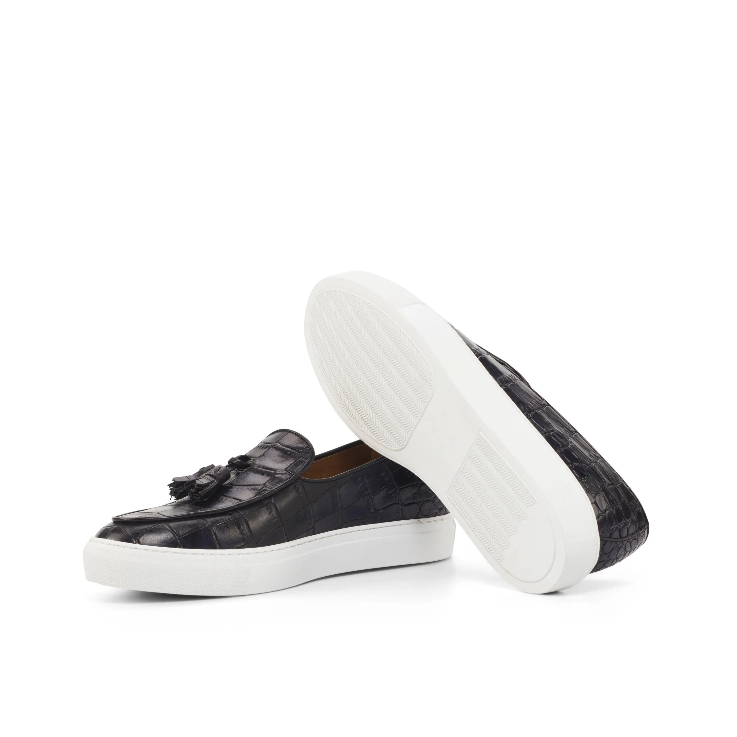 Black calf leather tassel loafers featured in Xevia Belgian Monk Sneaker II design