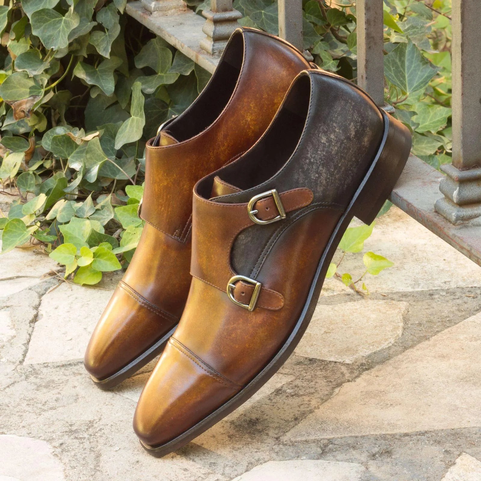 Brown leather XO Double Monk Patina II shoes featuring elegant double monk straps