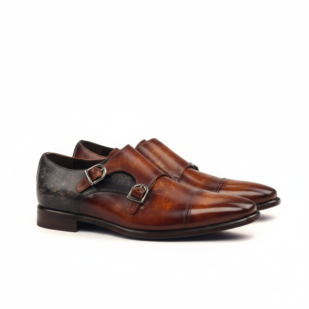 Brown leather double monk patina shoes named XO Double Monk Patina, showcasing elegance