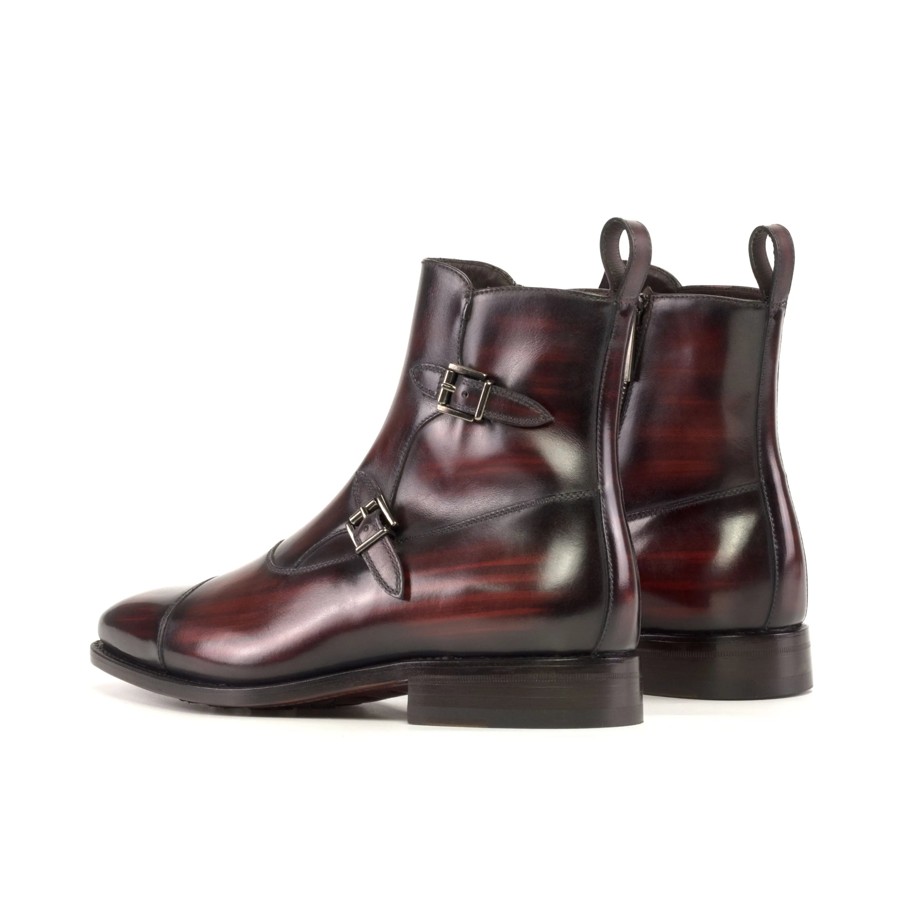 Burgundy leather monk strap boots in Xzon Octavian Patina style