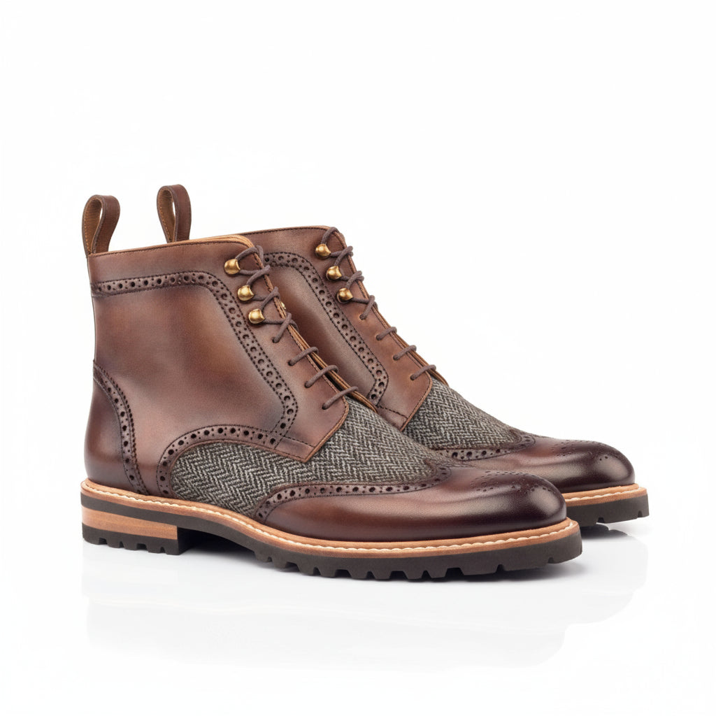 Brown leather and tweed military brogue boot from the Z Ladies Military Brogue collection