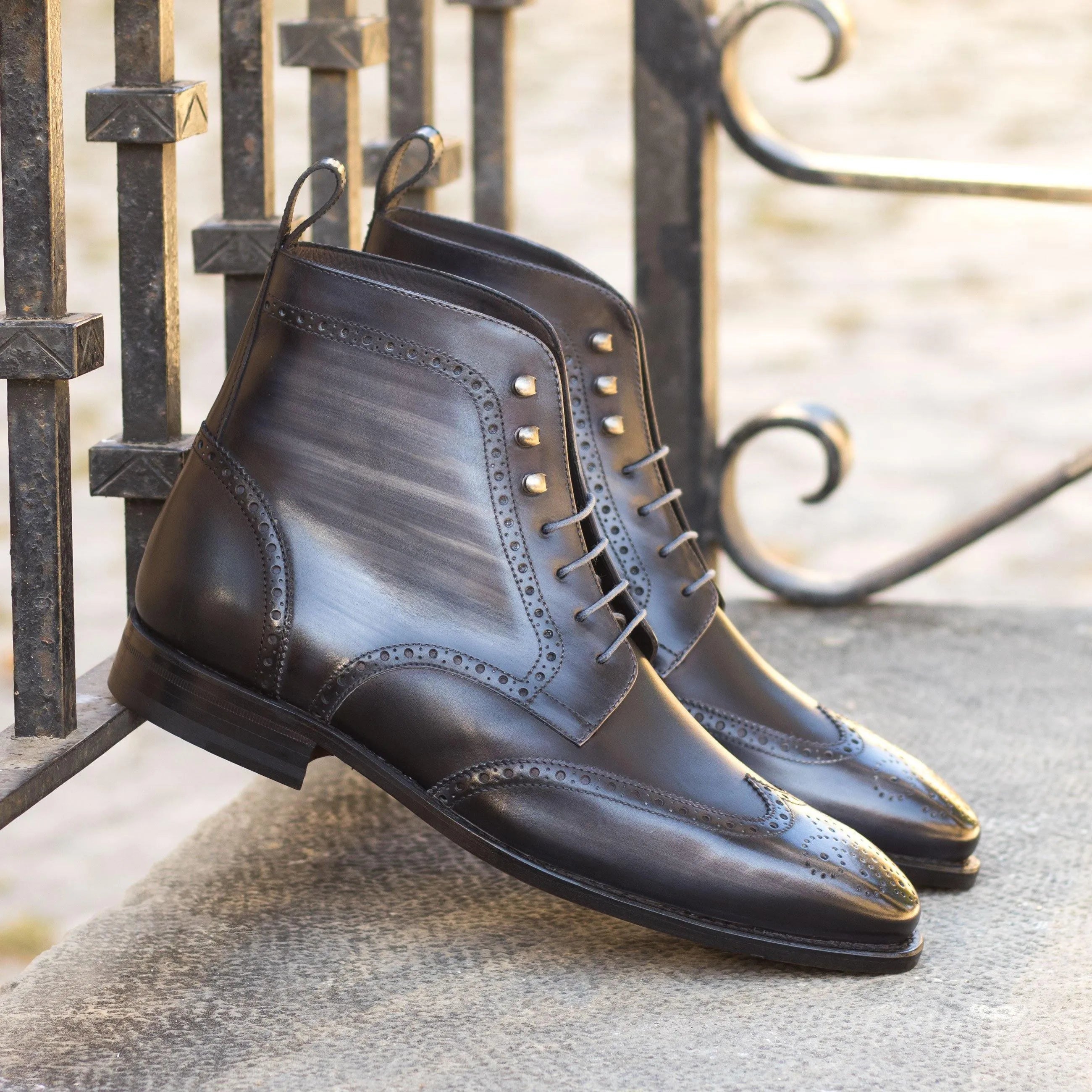 Gray leather wingtip boots from Zdan Military Brogue Patina collection