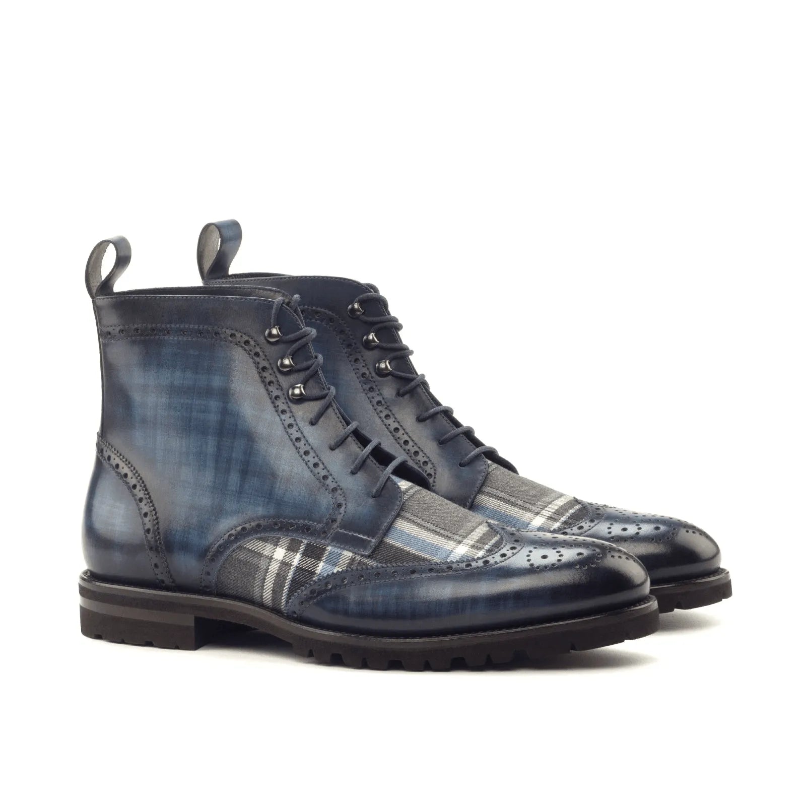 Blue leather and plaid Zeno Military Brogue Patina Boots II with wingtip design