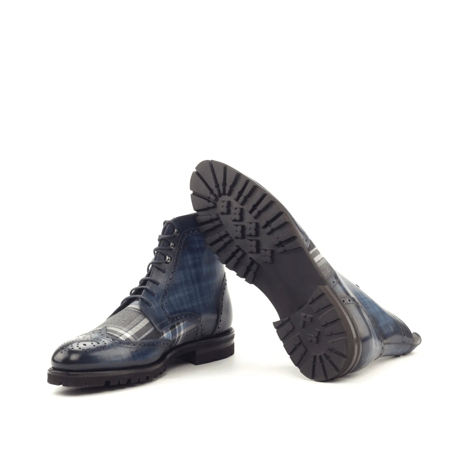 Blue plaid leather Zeno Military Brogue Patina Boots II showcasing stylish footwear design