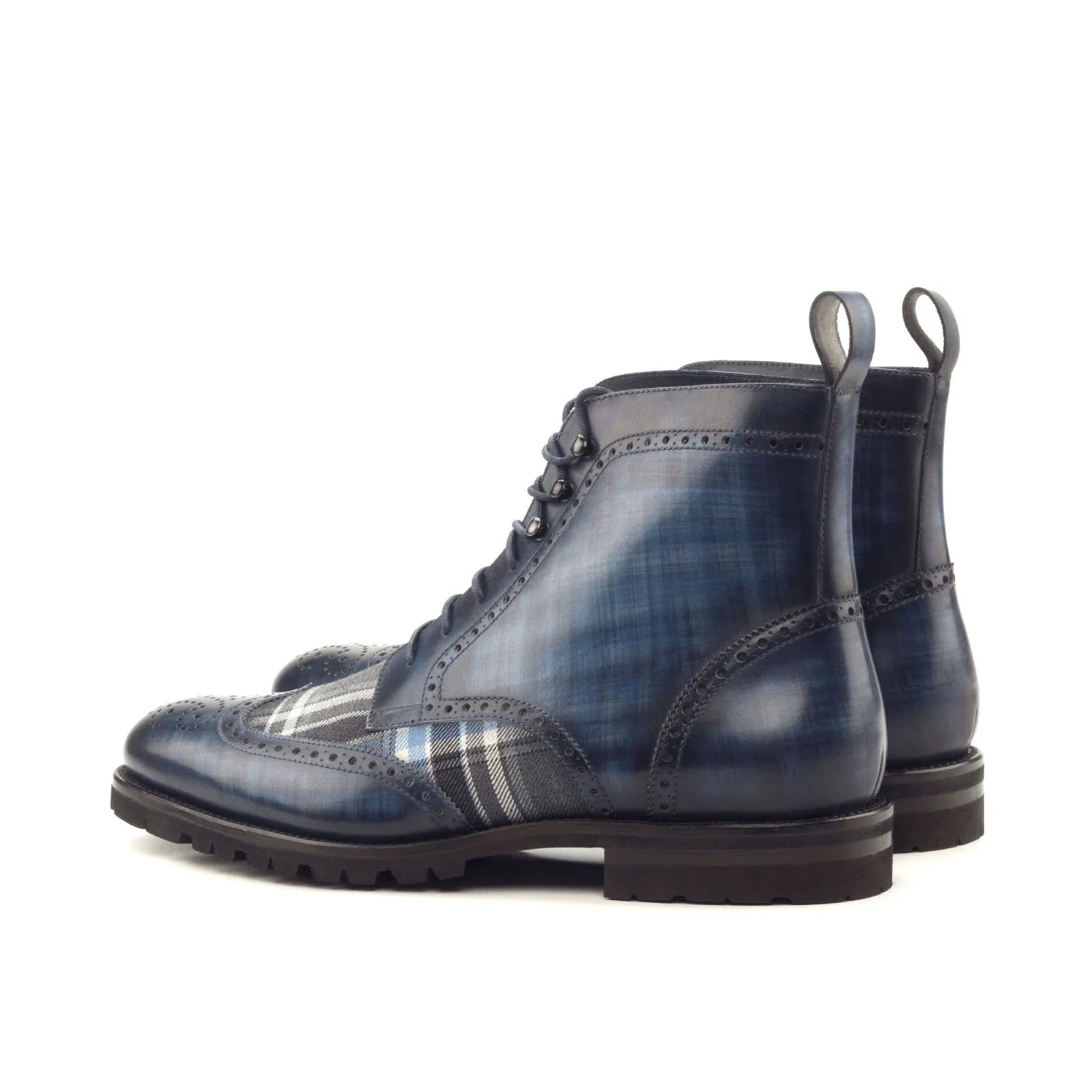 Blue leather plaid Zeno Military Brogue Patina Boots showcasing stylish durability