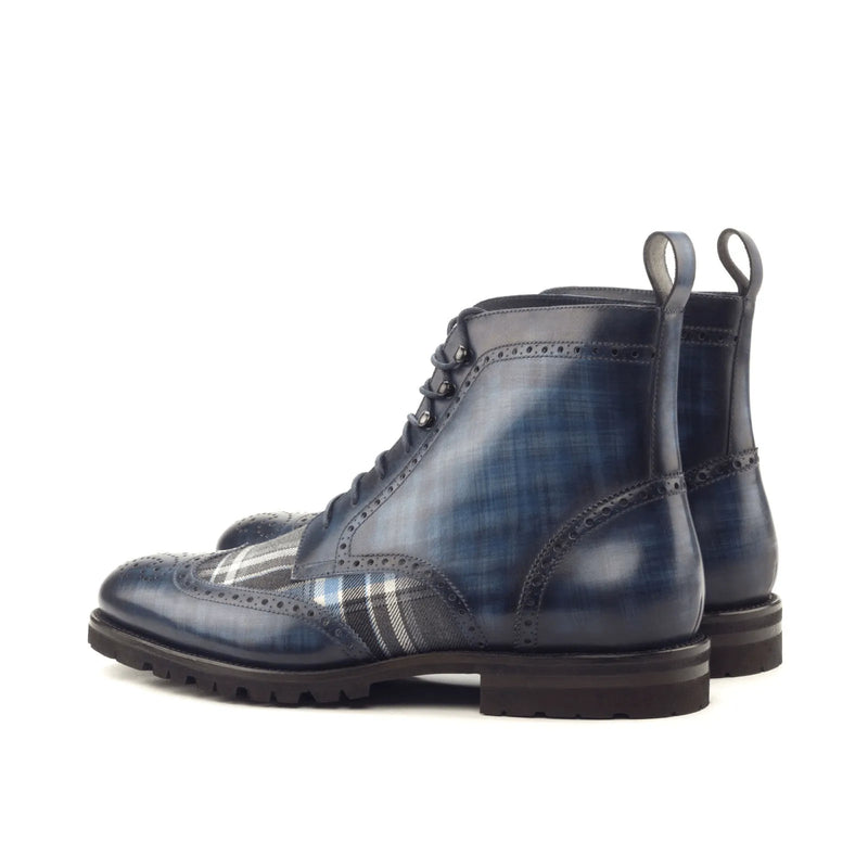 Blue leather plaid Zeno Military Brogue Patina Boots showcasing stylish durability