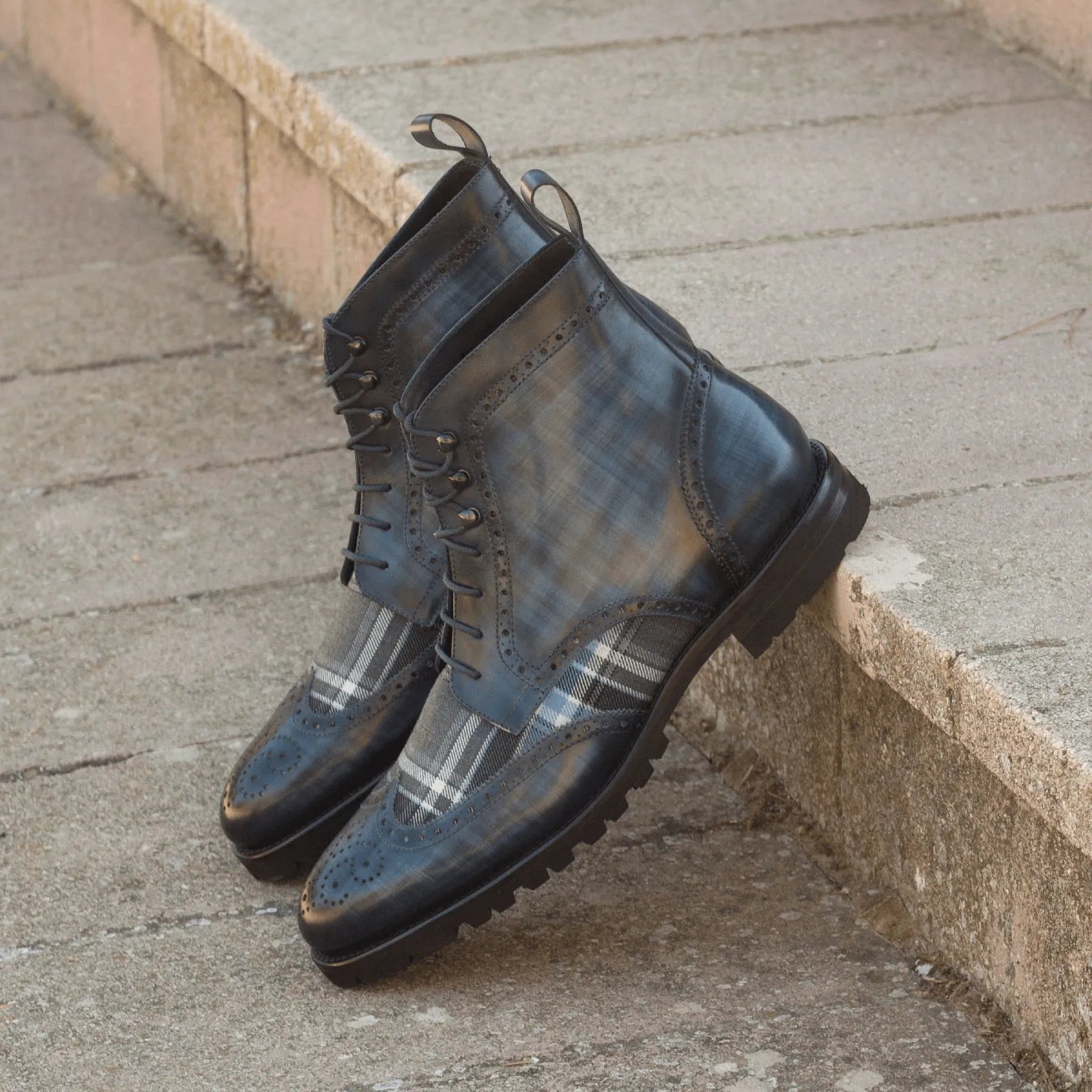 Blue plaid leather Zeno Military Brogue Patina Boots with elegant brogue detailing